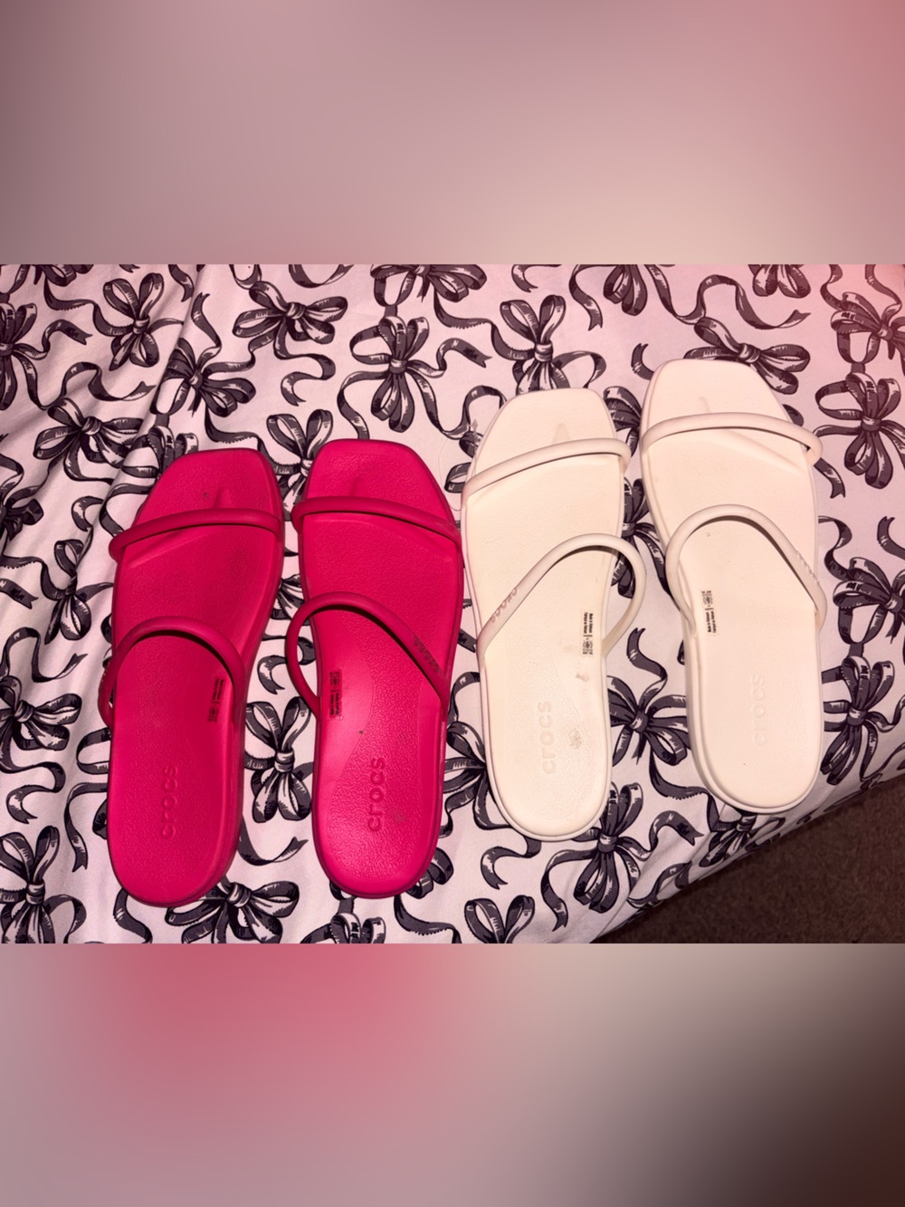 CROCS Women's Square-Toe Slide Sandals in White and Hot Pink